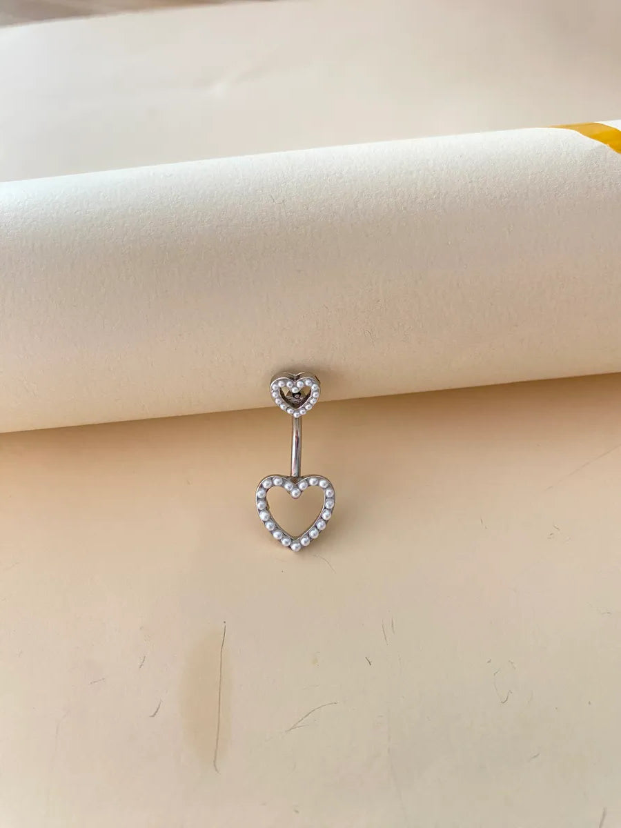 Casual Simple Style Heart Shape Stainless Steel Alloy Plating Hollow Out Inlay Artificial Pearls White Gold Plated Belly Ring