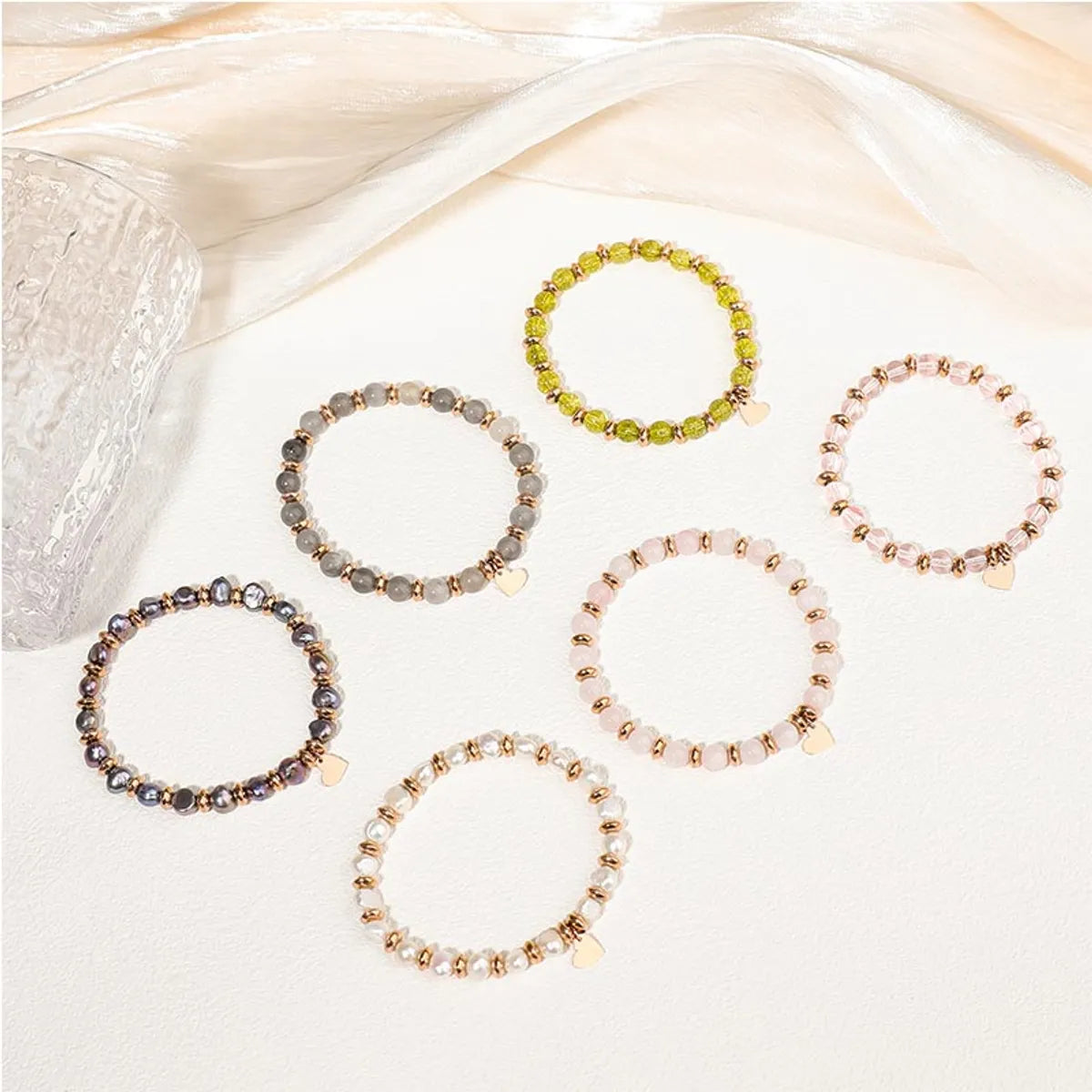 Casual Simple Style Heart Shape Stainless Steel Titanium Steel Beaded Rose Gold Plated Bracelets