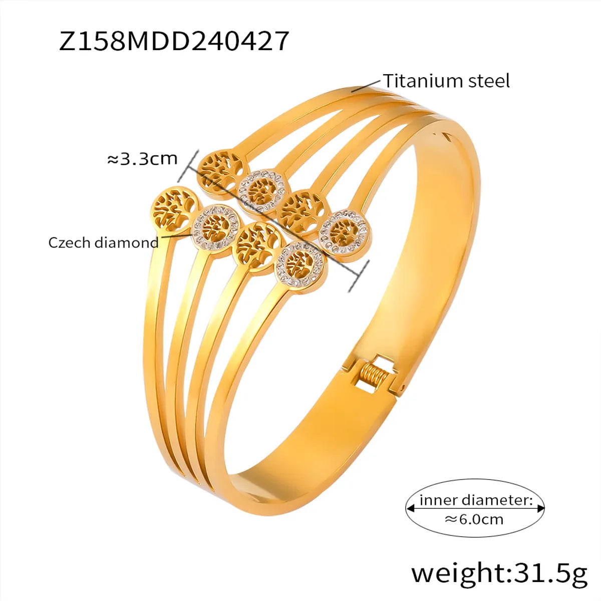 Casual Simple Style Hexagon Round Titanium Steel 18K Gold Plated Rhinestones Bangle In Bulk