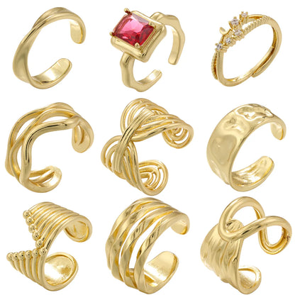 Casual Simple Style Irregular Lines Copper Plating Inlay Zircon 18k Gold Plated Open Rings