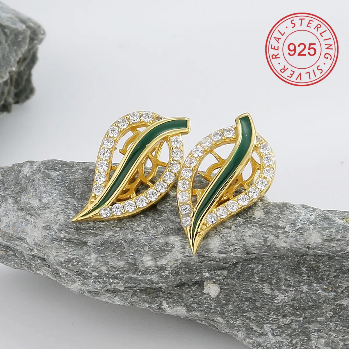 Casual Simple Style Leaves Sterling Silver Enamel Inlay Zircon 18K Gold Plated Women'S Rings Earrings Necklace