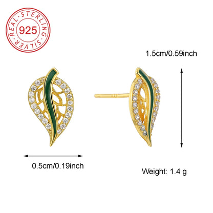 Casual Simple Style Leaves Sterling Silver Enamel Inlay Zircon 18K Gold Plated Women'S Rings Earrings Necklace