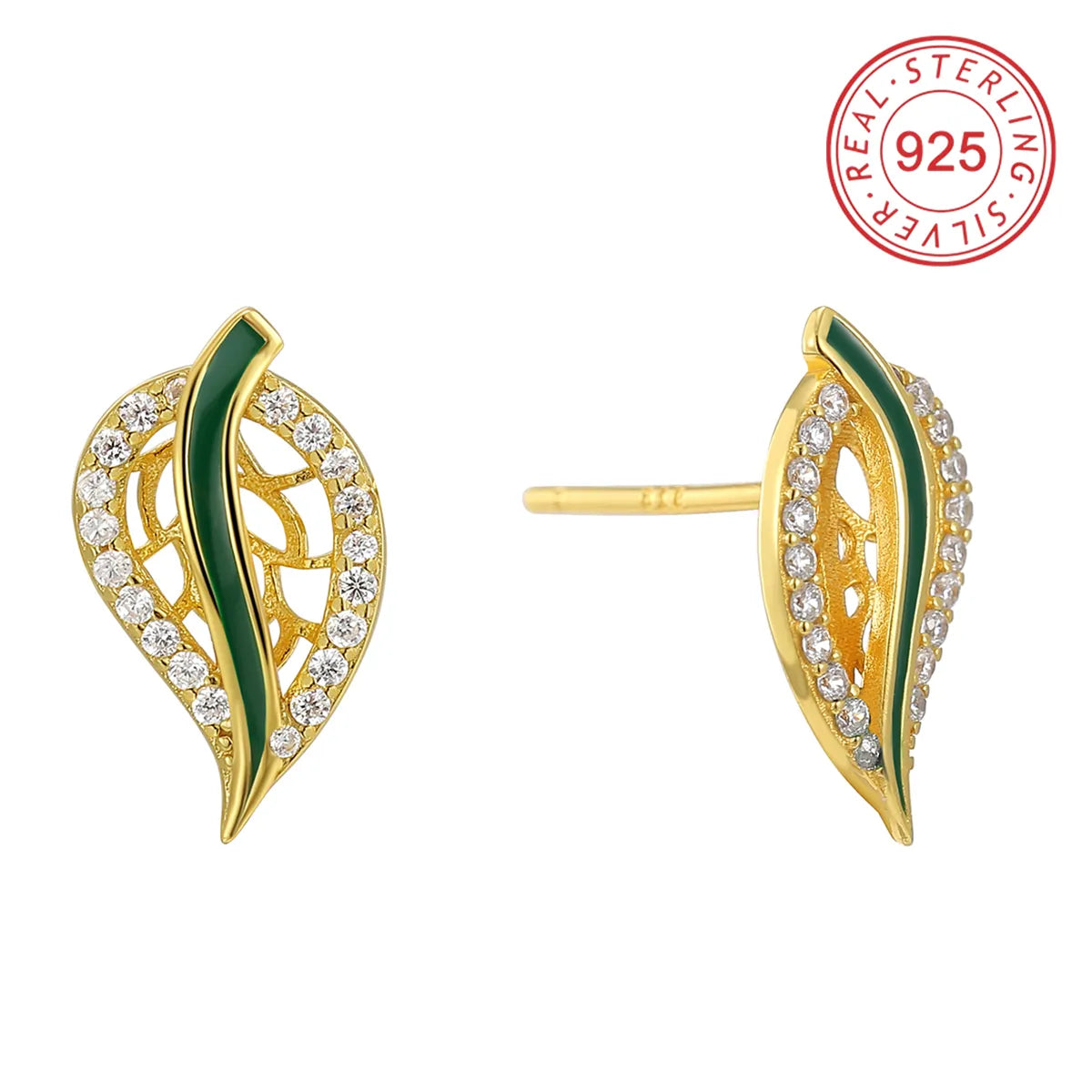 Casual Simple Style Leaves Sterling Silver Enamel Inlay Zircon 18K Gold Plated Women'S Rings Earrings Necklace