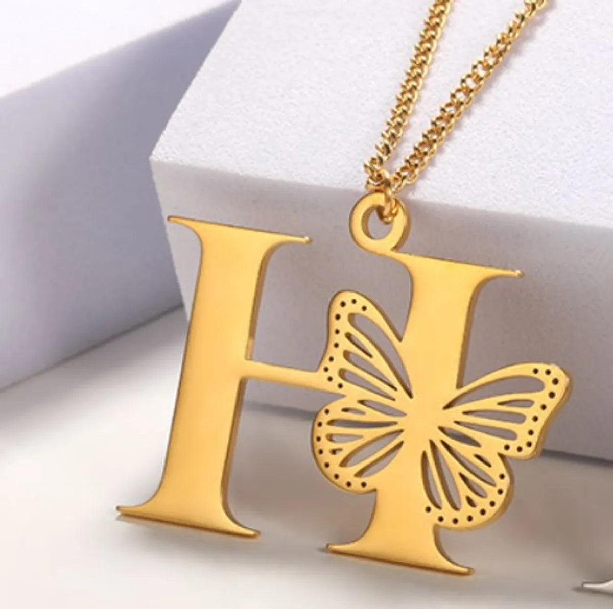 Casual Simple Style Letter Butterfly Stainless Steel Plating Hollow Out 18k Gold Plated Pendant Necklace