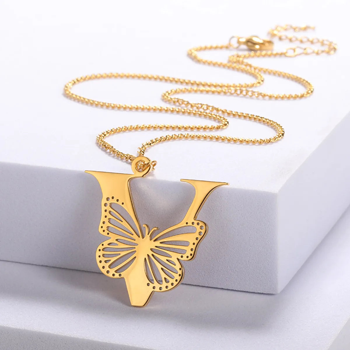 Casual Simple Style Letter Butterfly Stainless Steel Plating Hollow Out 18k Gold Plated Pendant Necklace