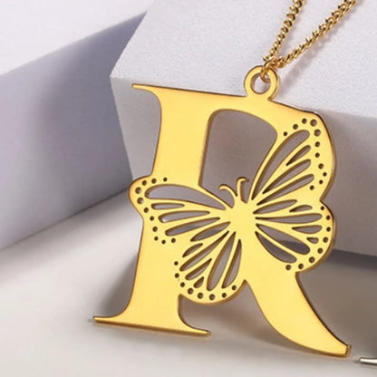 Casual Simple Style Letter Butterfly Stainless Steel Plating Hollow Out 18k Gold Plated Pendant Necklace