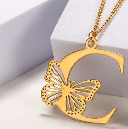 Casual Simple Style Letter Butterfly Stainless Steel Plating Hollow Out 18k Gold Plated Pendant Necklace