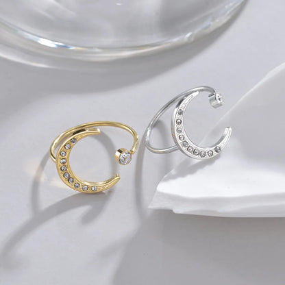 Casual Simple Style Moon Stainless Steel Asymmetrical Plating Inlay Zircon 14k Gold Plated Open Rings