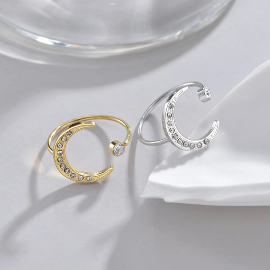 Casual Simple Style Moon Stainless Steel Asymmetrical Plating Inlay Zircon 14k Gold Plated Open Rings