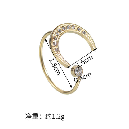 Casual Simple Style Moon Stainless Steel Asymmetrical Plating Inlay Zircon 14k Gold Plated Open Rings