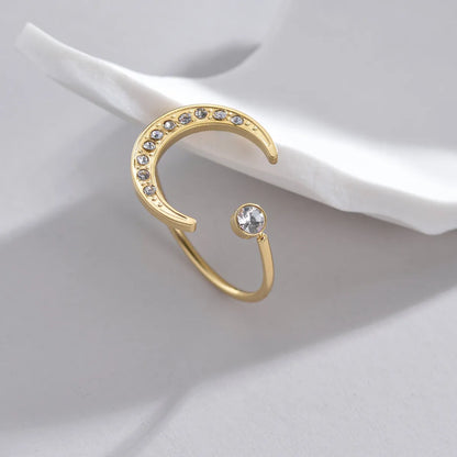 Casual Simple Style Moon Stainless Steel Asymmetrical Plating Inlay Zircon 14k Gold Plated Open Rings