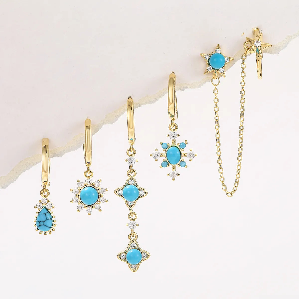 Casual Simple Style Pentagram Tassel Brass 18k Gold Plated Turquoise Zircon Earrings In Bulk