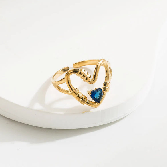 Wholesale Jewelry Casual Simple Style Round Heart Shape 304 Stainless Steel Rhinestones 14K Gold Plated Plating Inlay Open Rings