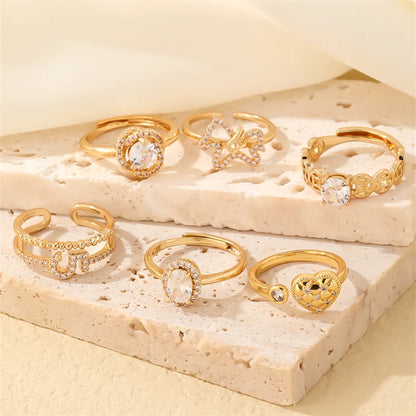 Casual Simple Style Round Number Heart Shape Copper Irregular Inlay Zircon Open Rings