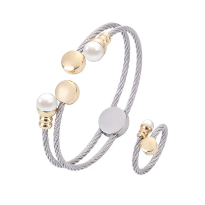 Casual Simple Style Round Stainless Steel Copper Inlay Pearl Women's Rings Bracelets