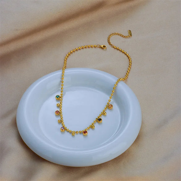 304 Stainless Steel 18K Gold Plated Casual Simple Style Plating Inlay Round Artificial Rhinestones Necklace
