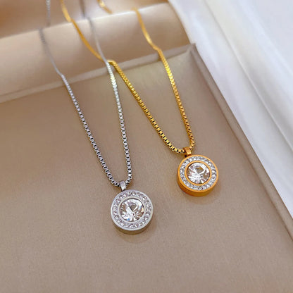 Casual Simple Style Round Titanium Steel Plating Inlay Zircon Pendant Necklace