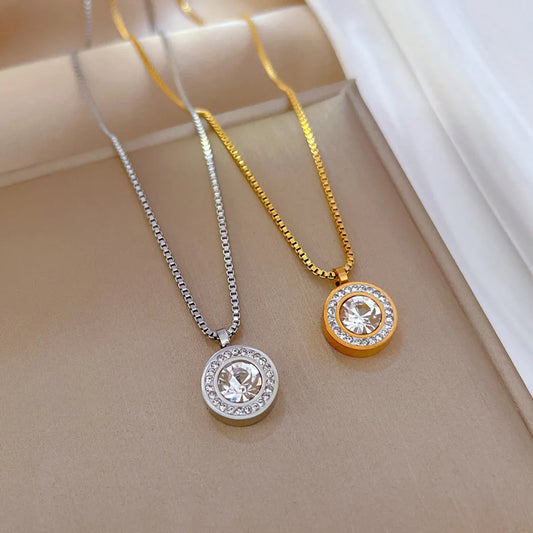 Casual Simple Style Round Titanium Steel Plating Inlay Zircon Pendant Necklace