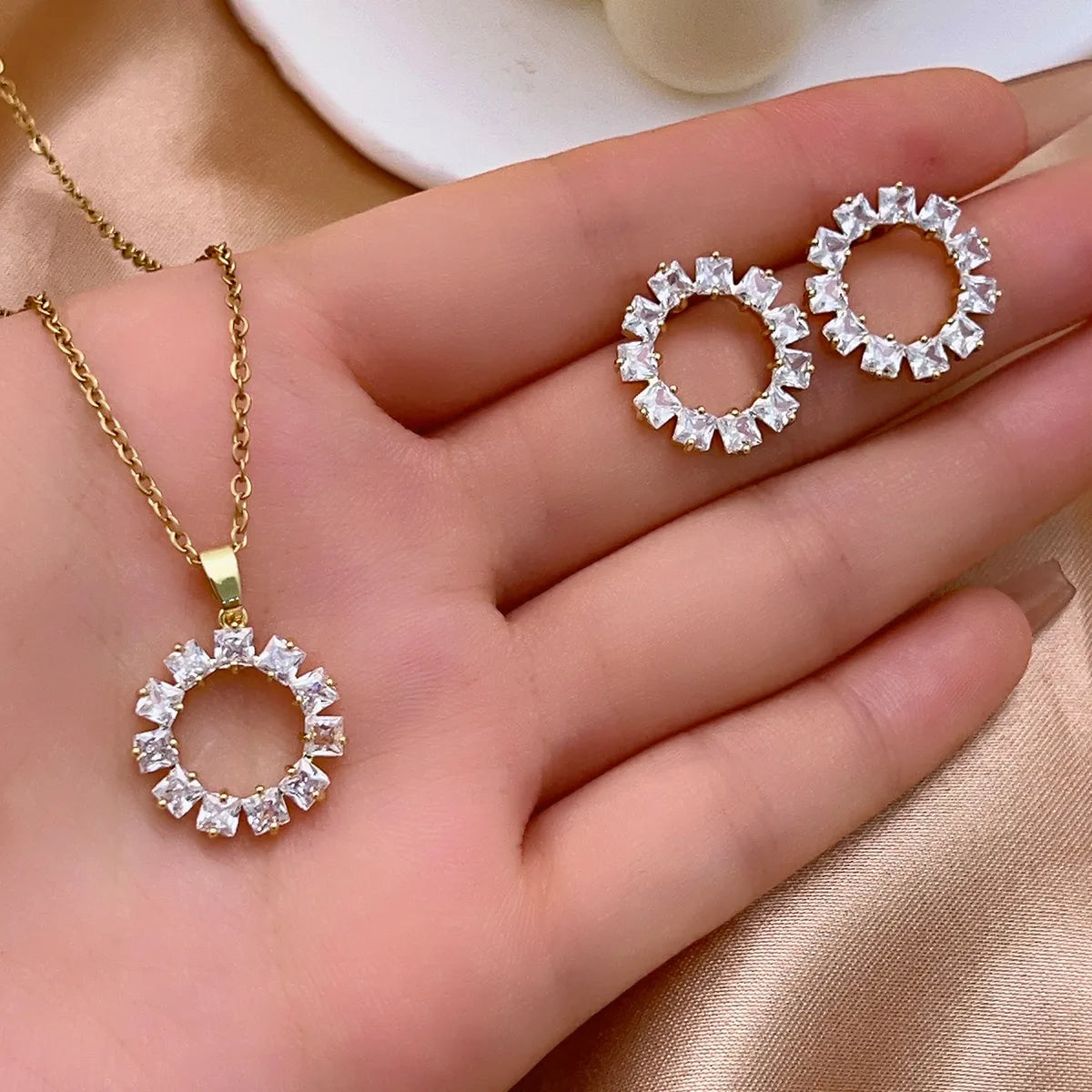 304 Stainless Steel Copper Casual Simple Style Shiny Plating Inlay Round Square Zircon Earrings Necklace