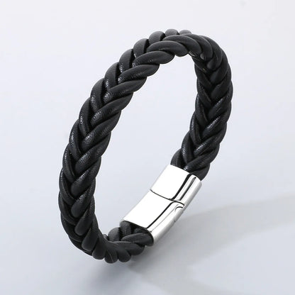 Casual Simple Style Solid Color 304 Stainless Steel Cowhide Leather Braid Men'S Bangle