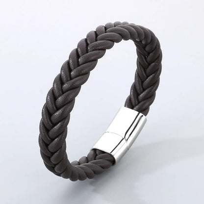 Casual Simple Style Solid Color 304 Stainless Steel Cowhide Leather Braid Men'S Bangle