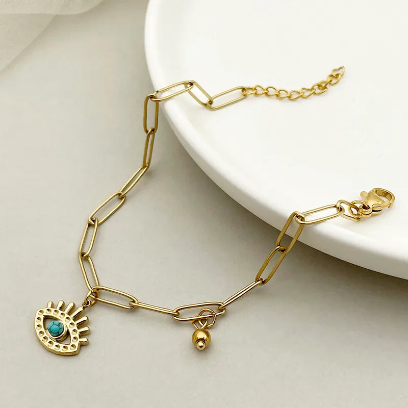 Casual Simple Style Streetwear Devil'S Eye 304 Stainless Steel 14K Gold Plated Turquoise Bracelets In Bulk