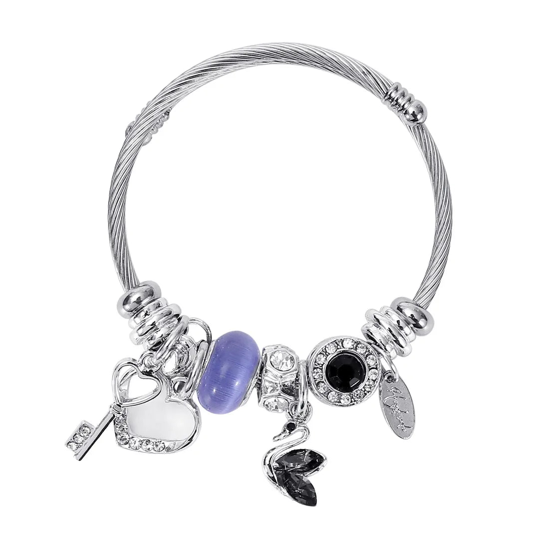 Casual Simple Style Swan Heart Shape Key Stainless Steel Inlay Artificial Gemstones Bangle