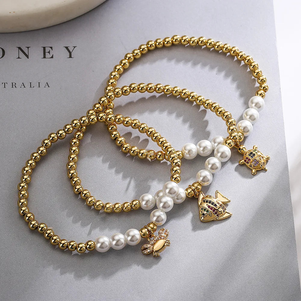 Casual Simple Style Tortoise Crab Fish Copper Pearl Plating Inlay Zircon 18k Gold Plated Bracelets