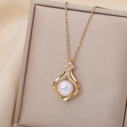 Casual Simple Style Water Droplets Heart Shape Flower Titanium Steel Plating Inlay Opal Zircon Pendant Necklace