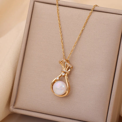 Casual Simple Style Water Droplets Heart Shape Flower Titanium Steel Plating Inlay Opal Zircon Pendant Necklace