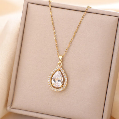 Casual Simple Style Water Droplets Heart Shape Flower Titanium Steel Plating Inlay Opal Zircon Pendant Necklace