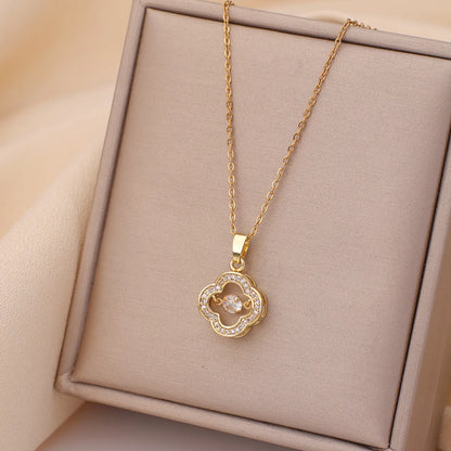 Casual Simple Style Water Droplets Heart Shape Flower Titanium Steel Plating Inlay Opal Zircon Pendant Necklace