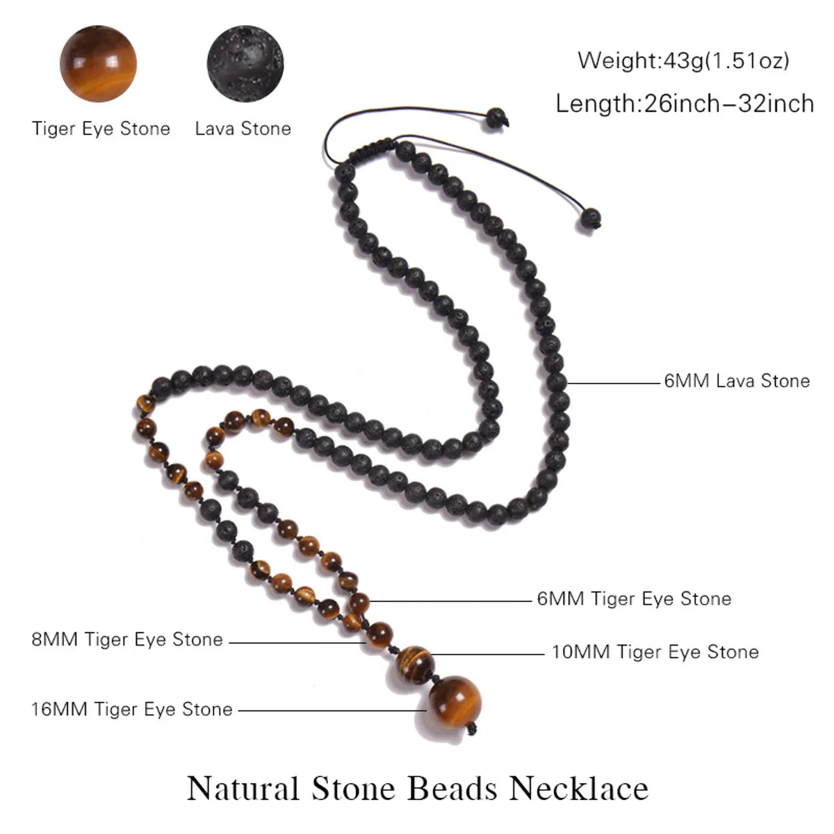 Casual Solid Color Malachite Tiger Eye Obsidian Beaded Long Necklace