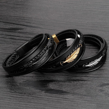 Casual Solid Color 304 Stainless Steel Pu Leather Plating Men'S Bangle