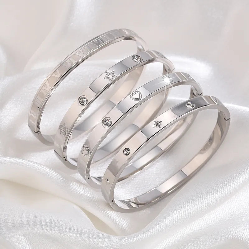 Casual Star Heart Shape Roman Numeral Titanium Steel Bangle In Bulk