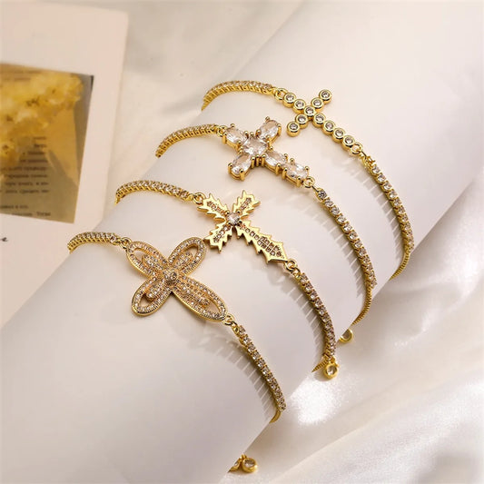 Casual Streetwear Cross Copper 18k Gold Plated Zircon Bracelets In Bulk