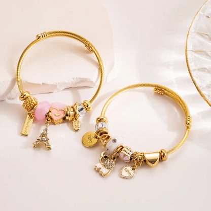 Casual Streetwear Eiffel Tower Elephant Titanium Steel Plating Inlay Rhinestones Gold Plated Bangle