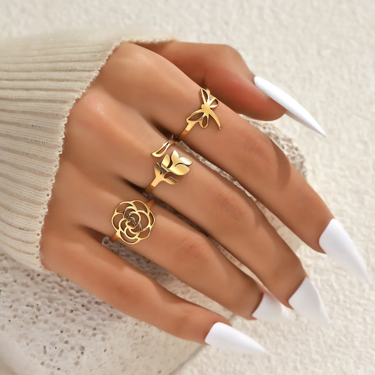 Casual Streetwear Flower Stainless Steel Plating 18k Gold Plated Open Rings