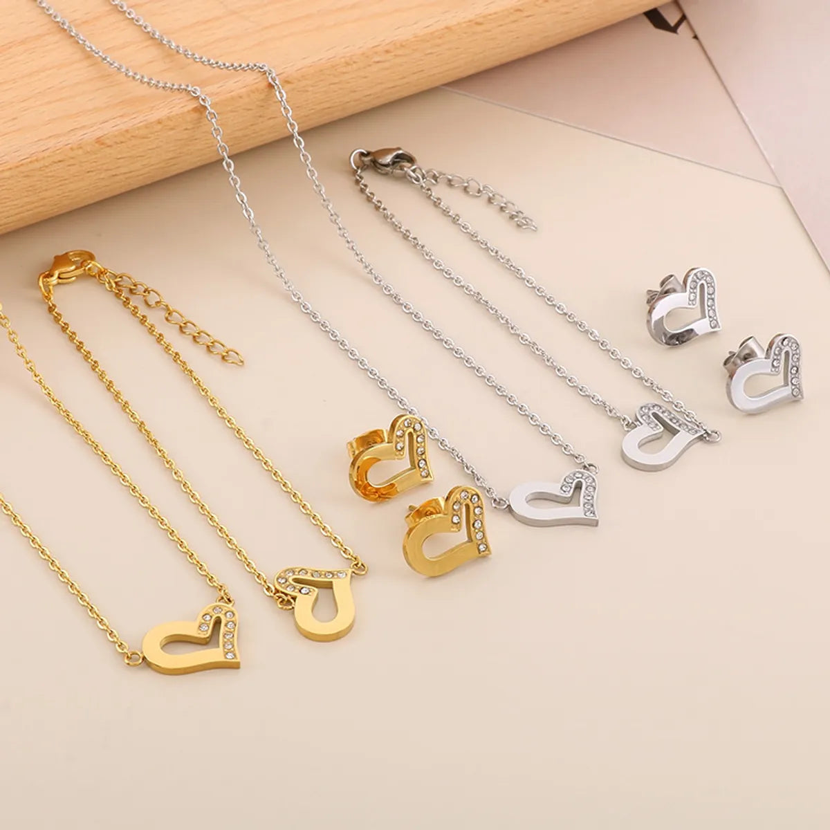 Casual Streetwear Heart Shape Titanium Steel Plating 18k Gold Plated Earrings Necklace