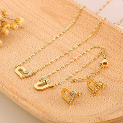 Casual Streetwear Heart Shape Titanium Steel Plating 18k Gold Plated Earrings Necklace