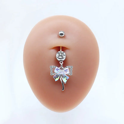 Casual Streetwear Moon Heart Shape Bow Knot Stainless Steel Glass Copper Plating Inlay Zircon White Gold Plated Belly Ring