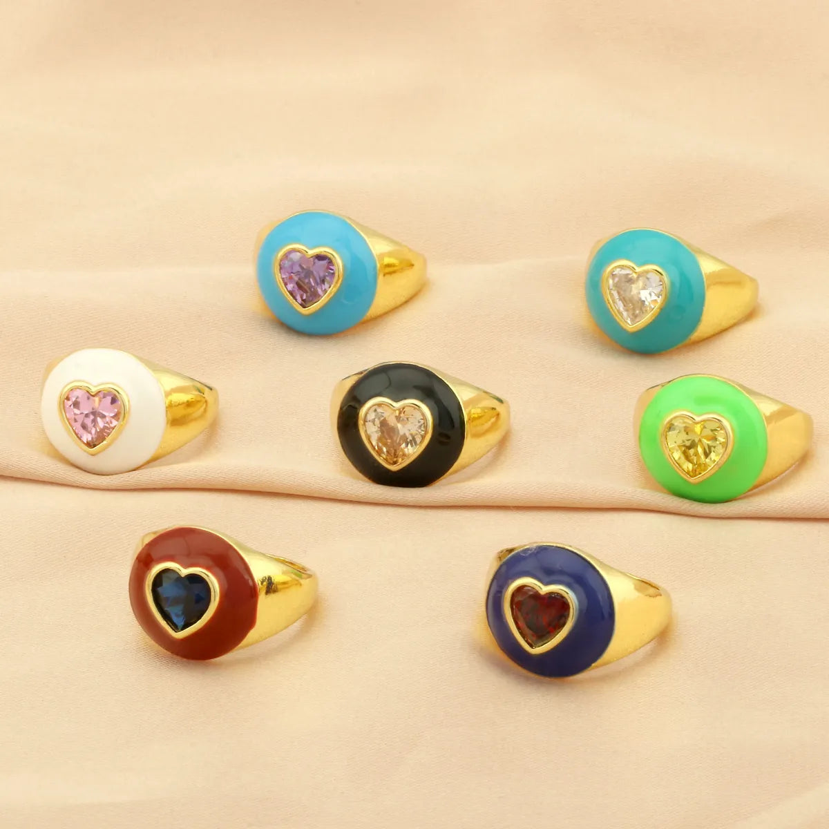 Casual Streetwear Triangle Square Heart Shape Copper Enamel Plating Inlay Zircon 18k Gold Plated Open Rings