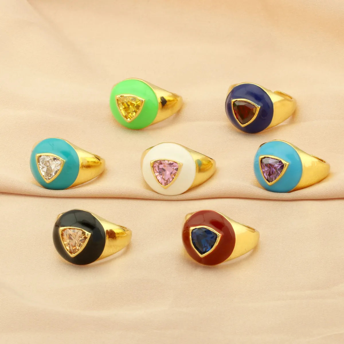 Casual Streetwear Triangle Square Heart Shape Copper Enamel Plating Inlay Zircon 18k Gold Plated Open Rings