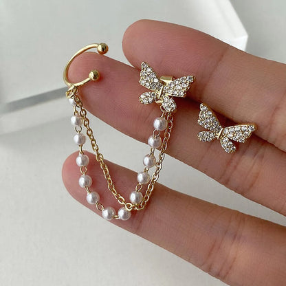 Casual Sweet Butterfly Alloy Asymmetrical Chain Inlay Zircon Women'S Ear Clips Ear Studs