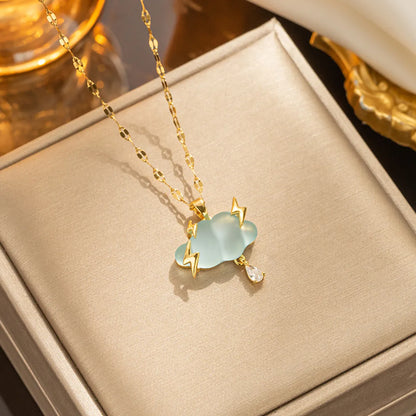 Casual Sweet Clouds Water Droplets Lightning Stainless Steel Plating Inlay Artificial Gemstones 18k Gold Plated Pendant Necklace