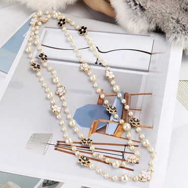 Casual Sweet Flower Imitation Pearl Alloy Beaded Enamel Women'S Sweater Chain