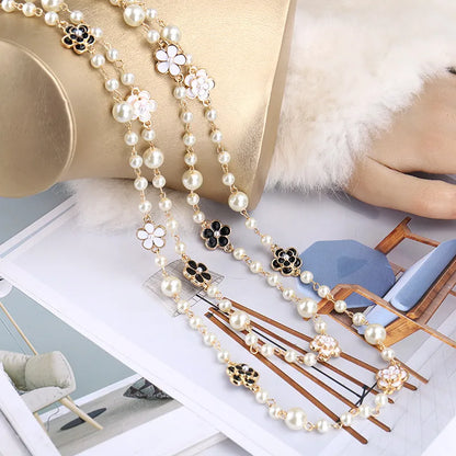 Casual Sweet Flower Imitation Pearl Alloy Beaded Enamel Women'S Sweater Chain