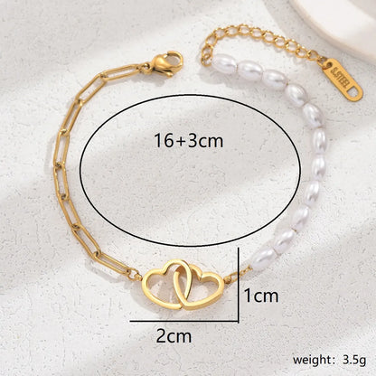 Casual Sweet Simple Style Double Heart Heart Shape 201 Stainless Steel Imitation Pearl 18K Gold Plated Bracelets In Bulk