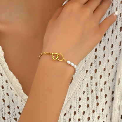 Casual Sweet Simple Style Double Heart Heart Shape 201 Stainless Steel Imitation Pearl 18K Gold Plated Bracelets In Bulk