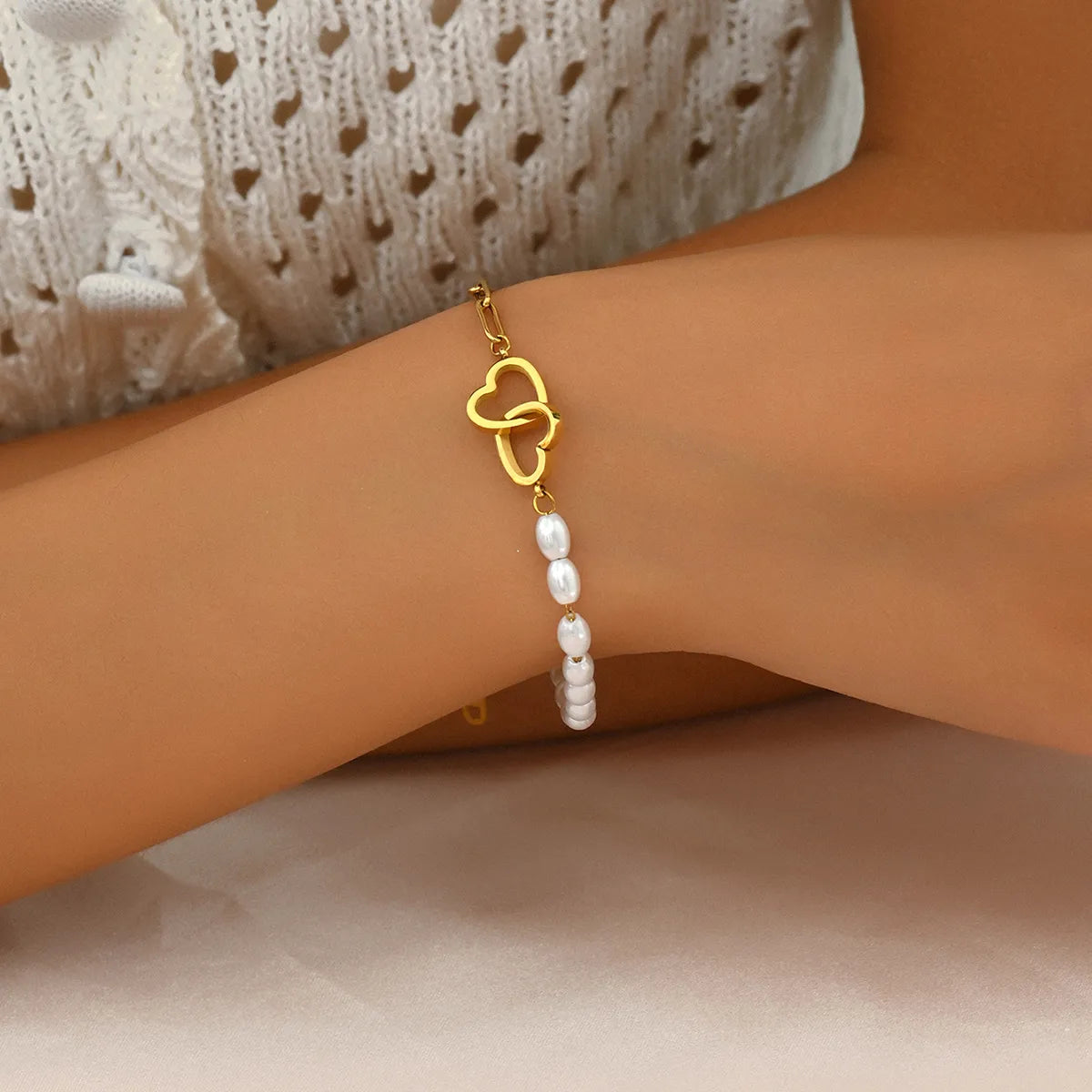 Casual Sweet Simple Style Double Heart Heart Shape 201 Stainless Steel Imitation Pearl 18K Gold Plated Bracelets In Bulk